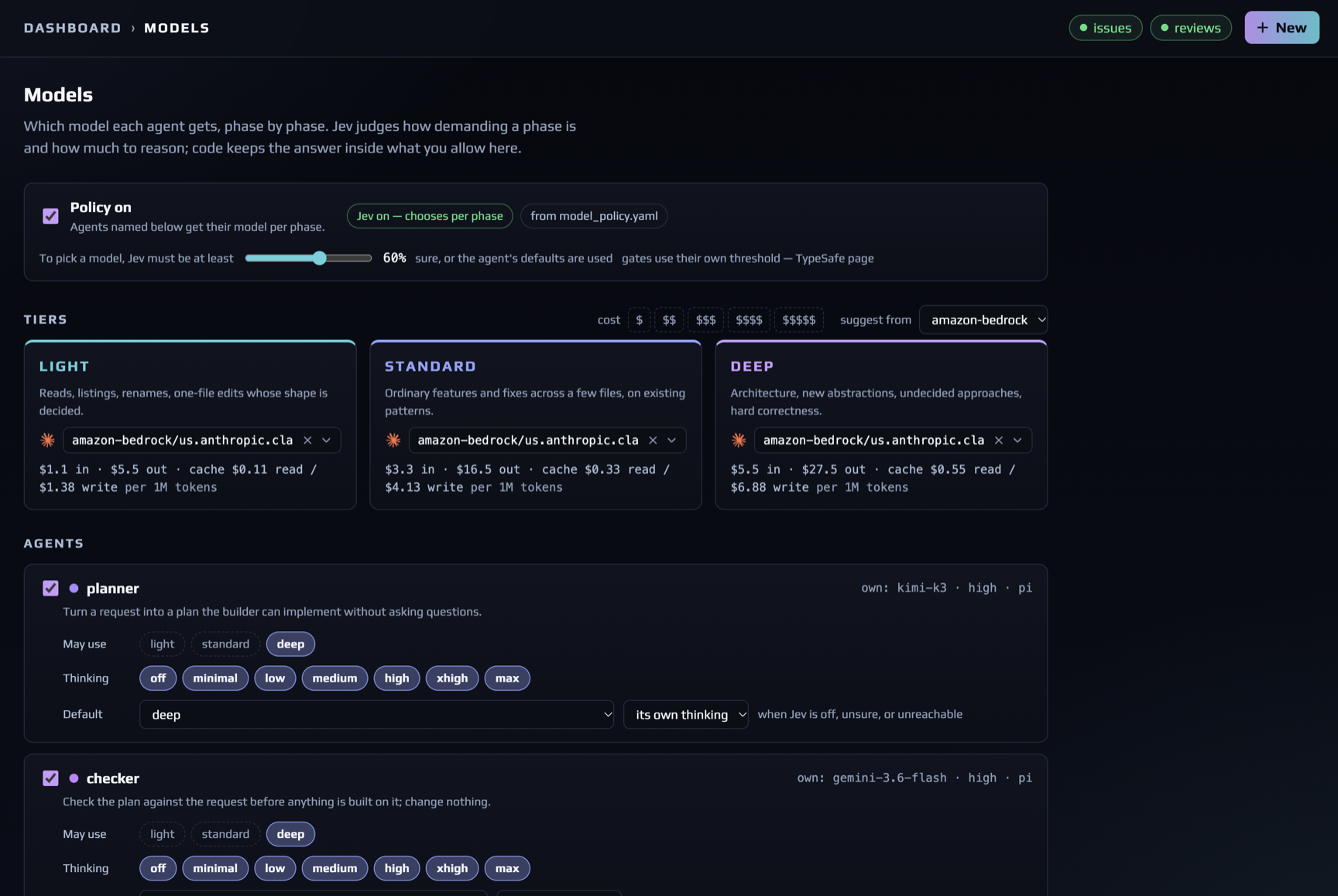Models page showing tier prices, the confidence floor, and per-agent tier and thinking settings