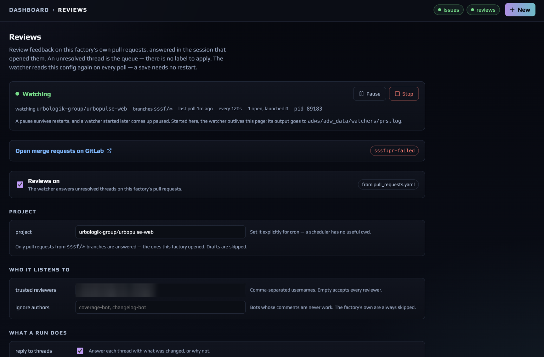 Reviews watcher: inbox of threads, configuration, and reply pane