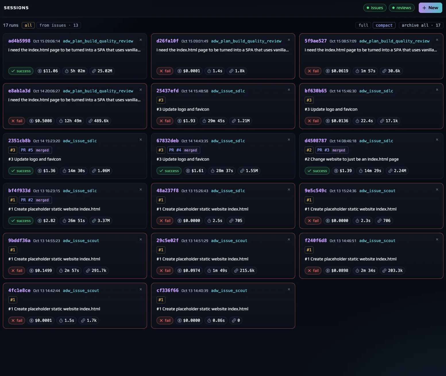 Sessions page in compact view: run cards with outcome, cost, runtime and tokens