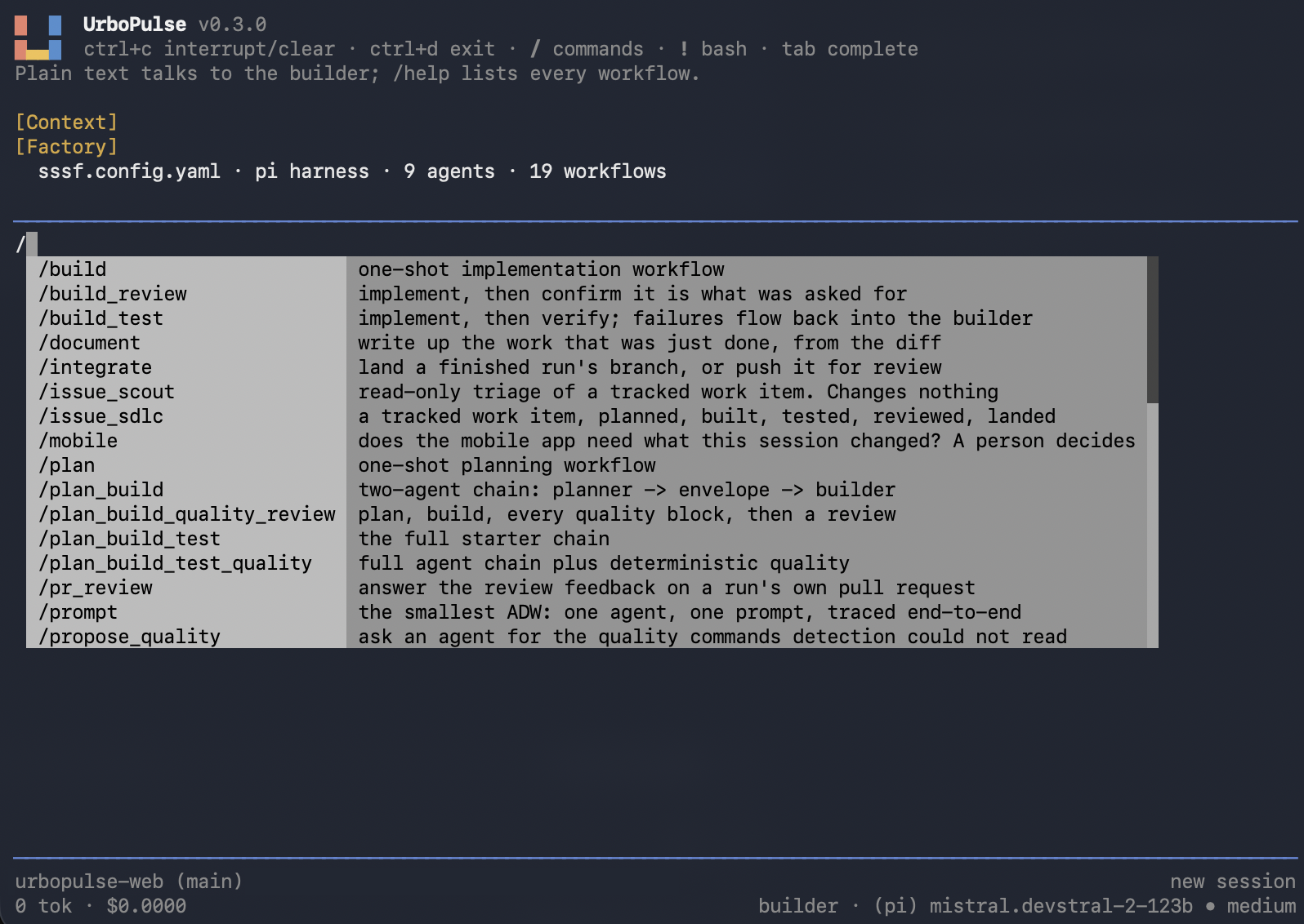 The UrboPulse prompt with its slash-command menu open: each workflow and what it does, above a footer with the session, agent, model and thinking level